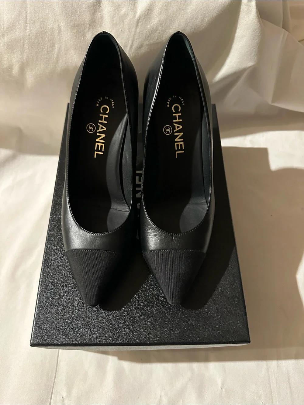 Authentic CHANEL Black Leather Pointed Toe Heels Size 37.5